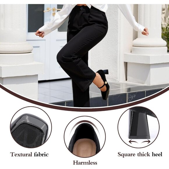 Women's Black  Square Toe Mary Jane Comfortable Closed Toe Chunky Block Heels - Picture 4 of 8
